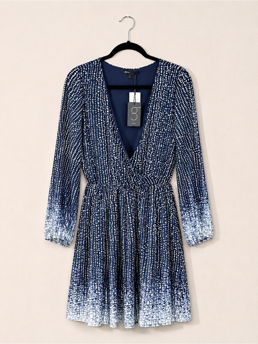 Gibson Navy and White Long-Sleeve Printed V-Neck Dress